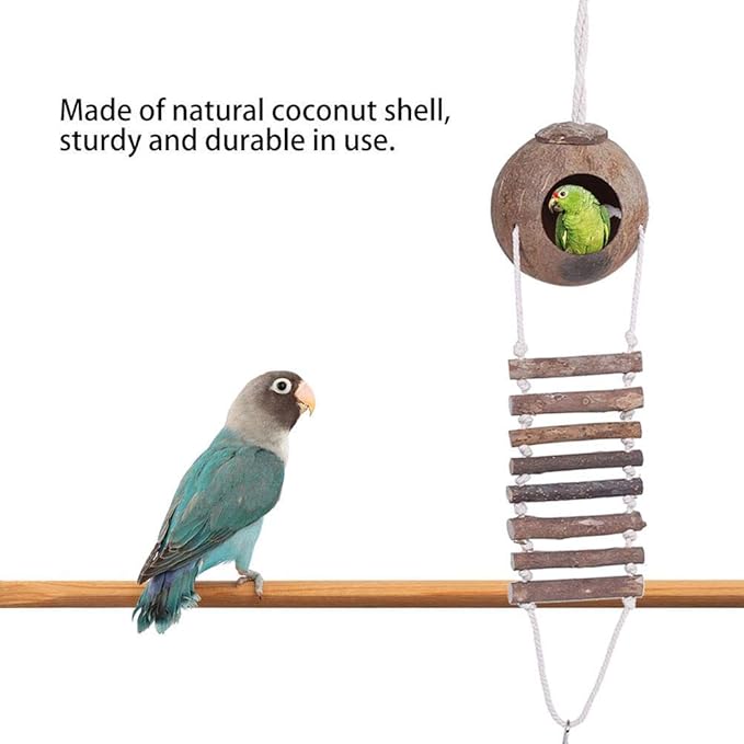 TOPINCN Coconut Shell Bird House with Rope Ladder, 24 Inch Height, Parrot Nesting Box for Climbing and Playing