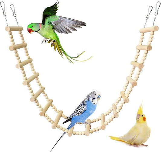 BNOSDM Long Bird Ladder Bridge 39.4 in Wooden Parakeet Climbing & Swing Toys Bird Cage Accessories for Budgies, Cockatiels, Conures, Lovebirds, Canaries (16-Steps)