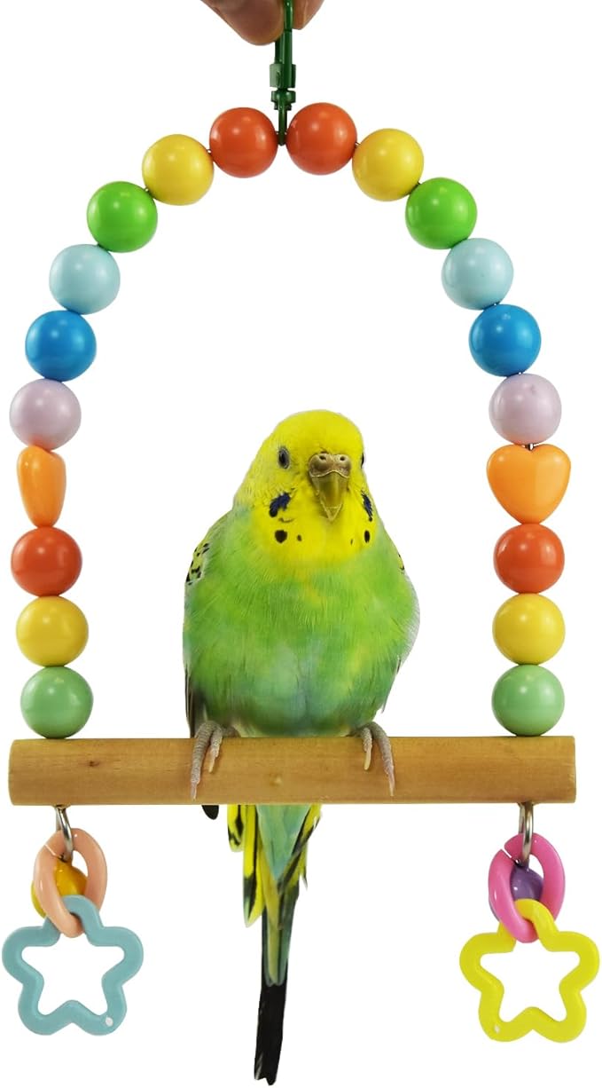 Bird Swing for Small Birds, Parakeets Cage Wooden Perch Birdcage Stands, Parrot Colorful Acrylic Beads Swings Toy with Bell Playground Gym Accessories Training Toys for Lovebirds Budgies