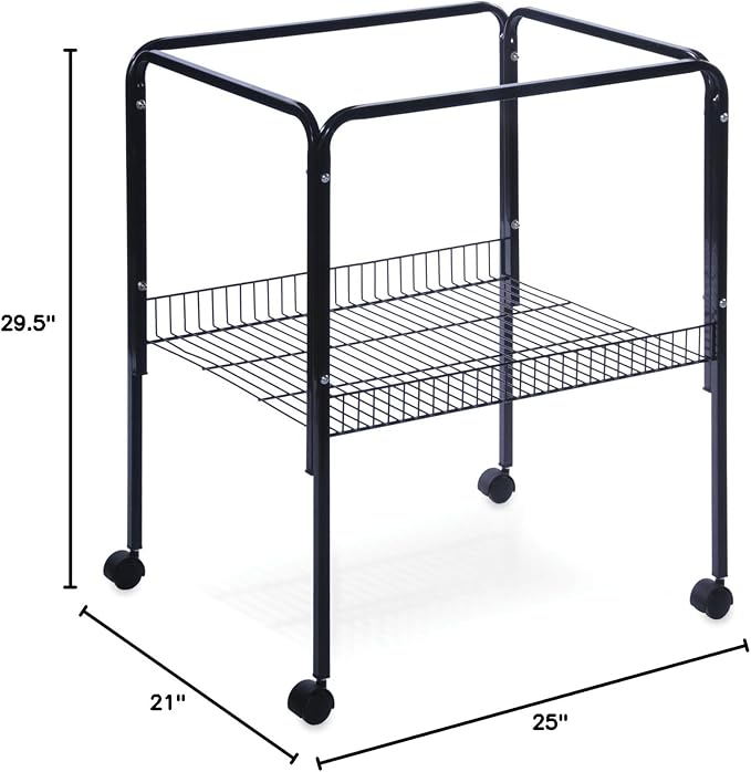 Prevue Pet Products Bird Cage Stand with Shelf - Small Metal Cage Stand with Rolling Wheels, Bird Stands for Inside, Mid‑Height Shelf for Cage Accessories, Toys, and Storage - Black