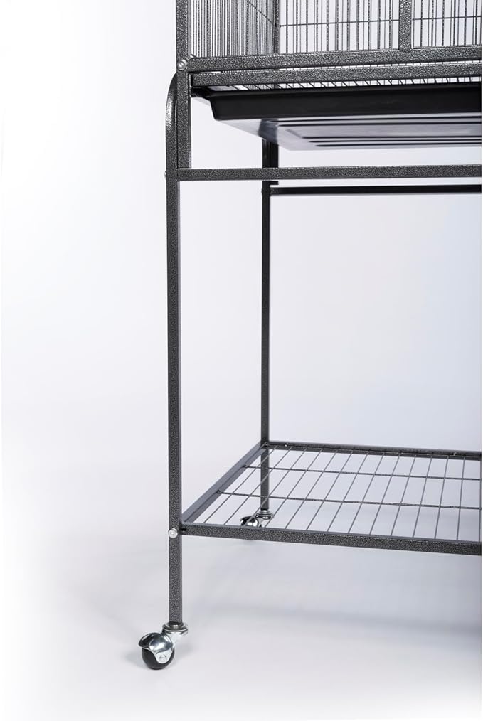 Prevue Pet Products Flight Cage with Stand - Large Metal Bird Cage with Removable Tray, Wood Perches, Double Feeders & Storage Shelf on Rolling Casters, Ideal for Small to Medium Birds - Black
