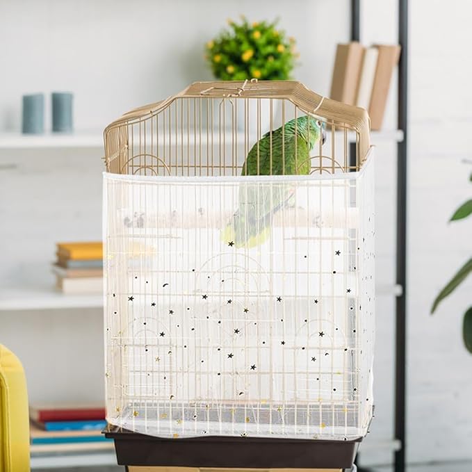 Bird Cage Seed Catcher, Seed Catcher Guard Net Cover, Parrot Nylon Mesh Net Cover, Universal Soft Airy Cage Net Stretchy Skirt for Round Square Cages (Star-White, 15.7" x87")
