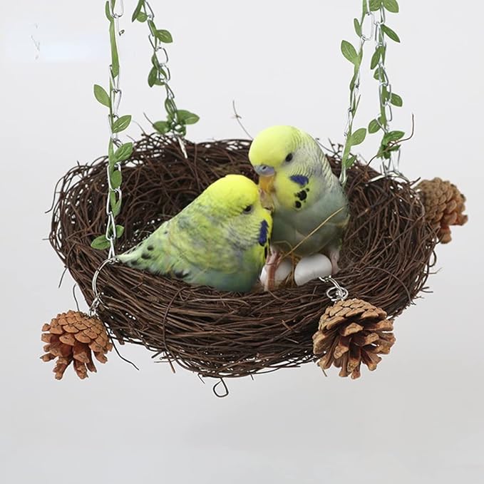 Natural Rattan Nest Small Medium Large Bird Swing for Parrot Parakeet Cockatiel Conure Cockatoo Macaw Amazon African Grey Lovebird Finch Canary Budgie Cage Perch Toy (Small)