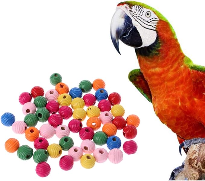 tegongse Parrot Toy, 50Pcs/Bag Wooden Bird Parrot Bite Toy Multipurpose Colorful DIY Beads Decoration Accessories