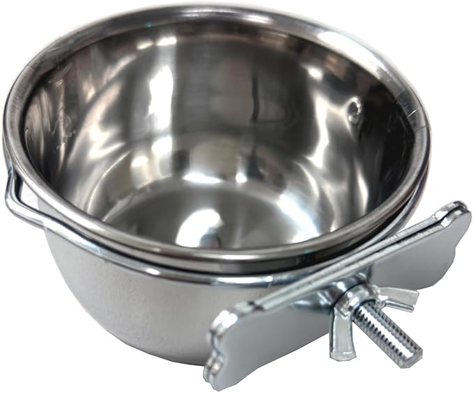 Four of 4-Inch No Rust Stainless Feeder Seed Water Food Replacement Cups with Adjustable Cage Holder for Bird Parrot Cage