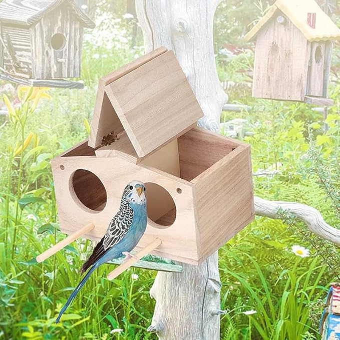Bird House Parakeet Nesting Box, Wooden Bird House,Pet Bird Nest Kits Breeding Box Cage Birdhouse Accessories with Pack Fitting for Parrots Swallows Birds