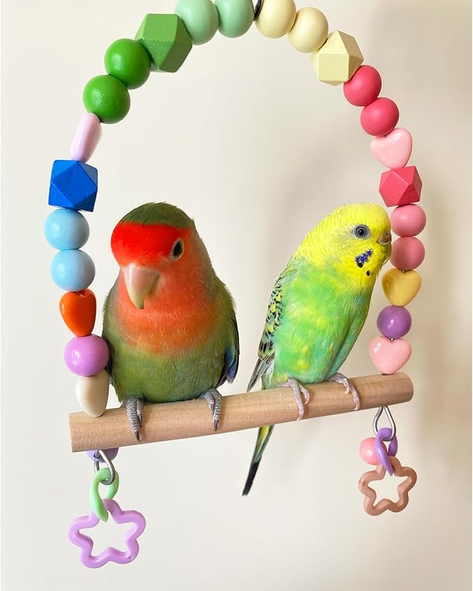 Wooden Bird Swing for Cockatiels Parrot Perch Hanging Toys Parakeets Birdcage Stands Cage Playground Play Gyms Accessories Colorful Bead Bell Climbing Toy for Lovebirds Conures Budgies