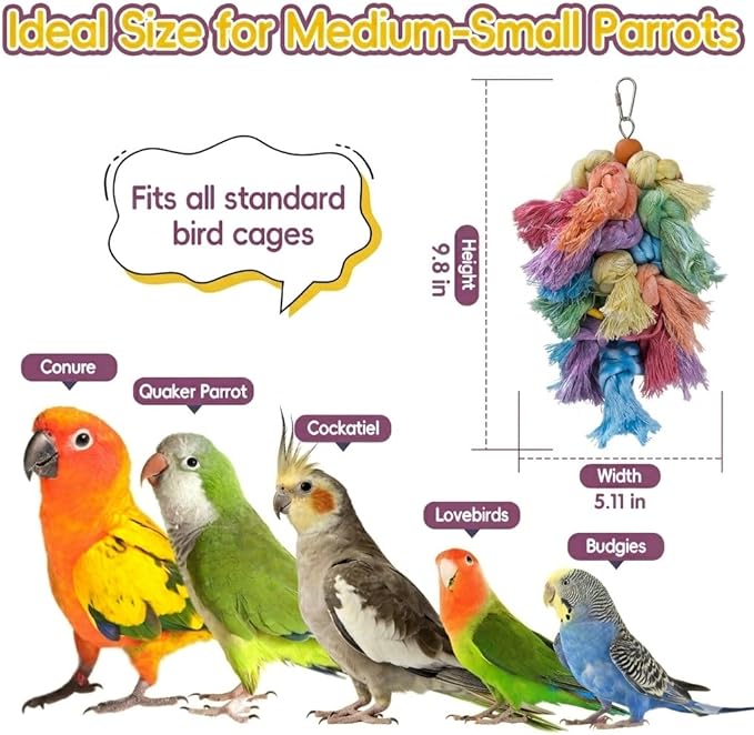 Bird Preening Toy - Natural Cotton Rope & Wood Blocks to Support Feather Health, Safe Screw-Link Enrichment Hanging Toy for Cockatiels, Conures, Parakeets,Lovebirds