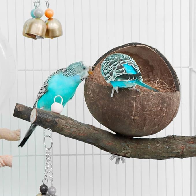 VTurboWay Natural Coconut Shell Bird Nest with Coconut Mat Breeding House Hut Cage with Perch Bell Home for Small Bird Parrot Cockatiel Conure Lovebird Canary Finch