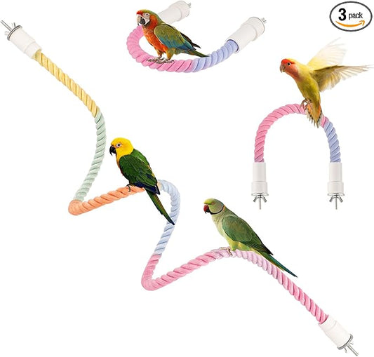 3Pcs Rope Perches for Bird Cages, Bendable Climbing Rope Cage Accessory Toy, Perfect for Parrots Cockatiels & Budgies, BirdToys, Swings & Ladders for Medium Birds