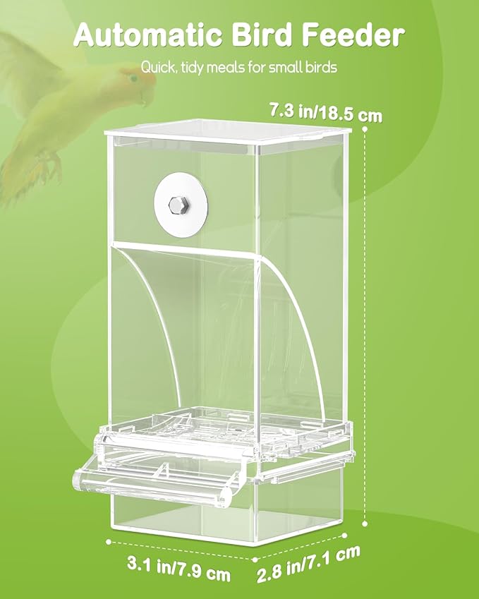 Pawfly Automatic Bird Feeder, Bird Feeder for Cage, No Mess Bird Feeder, Clear Acrylic Bird Cage Feeder, Parrot Feeder for Parakeet, Cockatiel, Budgie & Small Birds