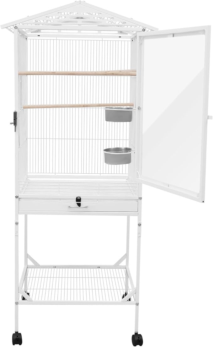53.5 Inch Large Bird Cage Parakeet Cage with Wheels and Play Open Top Iron Bird Flight Cages for Parrot Lovebirds Finches Canaries Parakeets Cockatiels Budgie Parrotlet Conures (White, Type A)