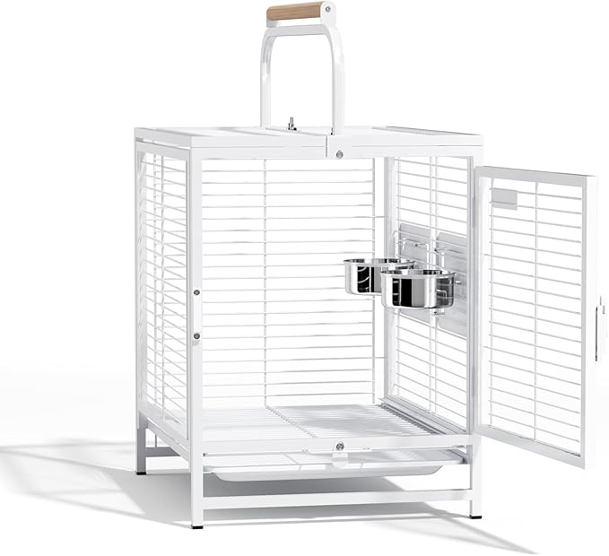 VINGLI Small Bird Cage, 25 inch Travel Carrier Bird Cage with Handle, Wrought Iron Parakeet Cage with Wooden Perch for Parrot Lovebirds Finches Small/Medium Birds (White)