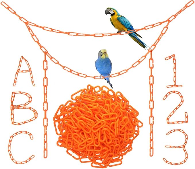 200-Piece Orange Plastic Chain Links & Toys - Interlocking C-Clip Bird Cage Accessories for Parakeets, Sugar Gliders, Small Pets (Climbing/Swinging Toys)