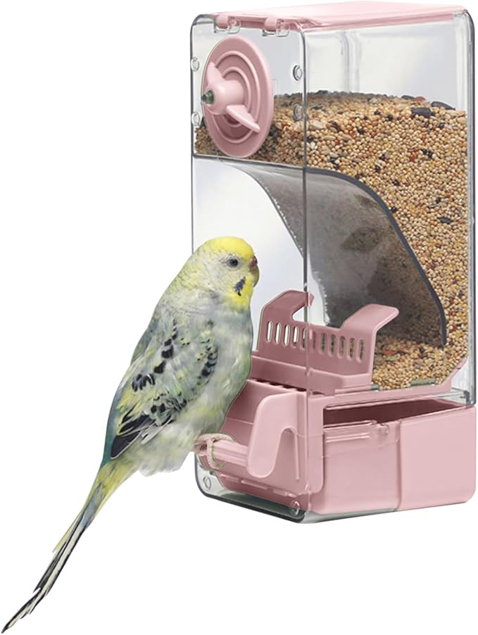 Automatic Bird Feeder, Bird Cage Feeder with Perch for Parakeet Canary Cockatiel Finch (Pink)