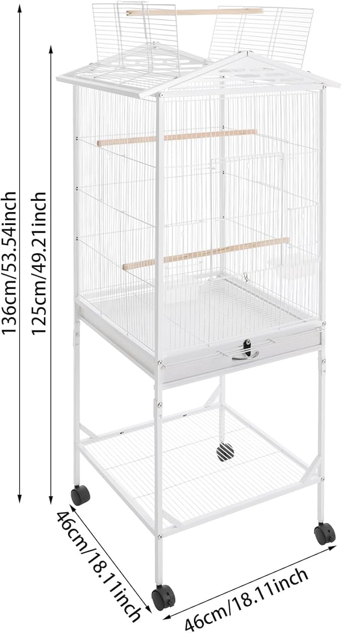 Extra Large Bird Cage 54Inch Wrought Iron Bird Cage with Rolling Stand Metal Parrot Cage with Open Play Top Perch Stand for Conures Lovebirds Cockatiels Finches (White)
