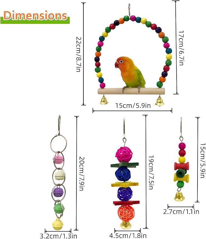 7 Packs Bird Toys for Parakeets, Colorful Parrot Toys with Swings, Bells, Beads, and Perches, Natural Wood Bird Cage Toys for Cockatiels, Lovebirds, Budgies, Conures, and Small Birds