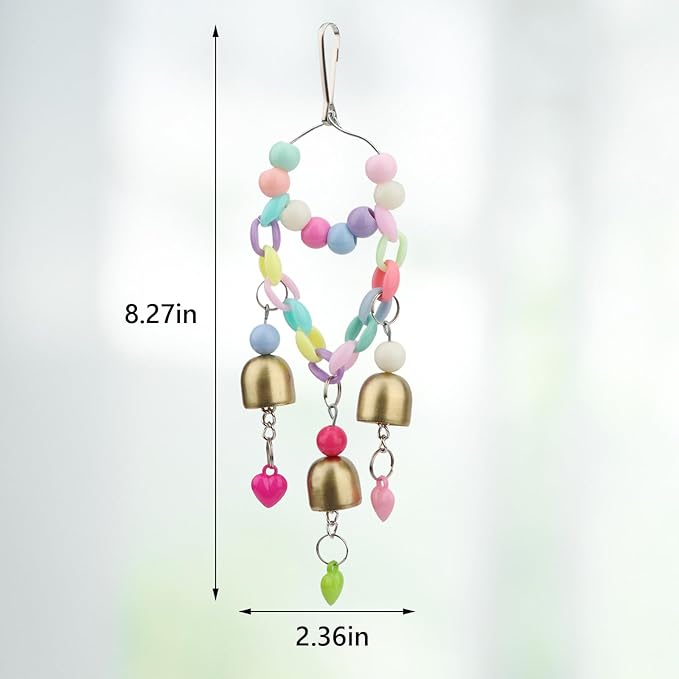 Hypeety Bird Bells Toy Hanging Cage Bell with Sweet Sound Colorful Wood Beads Bells for Lovebirds African Greys Cockatoo Macaw Parakeet Cage Hanging Perch Toy (Bell Toy-3 Bells)