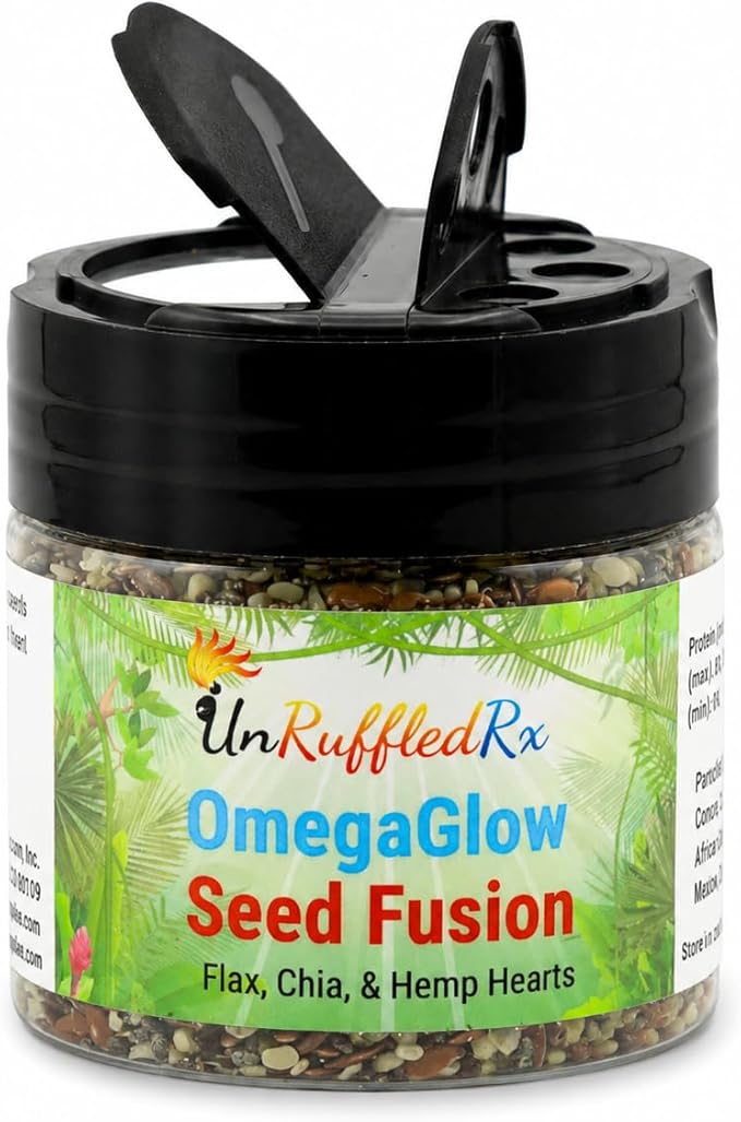 UnRuffledRx™ OmegaGlow for Birds – Raw, Natural Seed Blend for Feather Growth & Molting Support – Skin & Immune Health with Chia, Flax & Hemp Seeds – Helps Reduce Plucking – 2 oz Shaker Jar