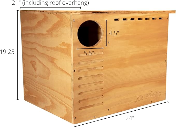 JCS Wildlife Barn Owl Nesting Box Large Owl House Crafted in USA - Exterior Grade Treated Plywood - Mounting Hardware and Pine Shavings Included - Dedicated Clean Out Door for Easy Cleaning