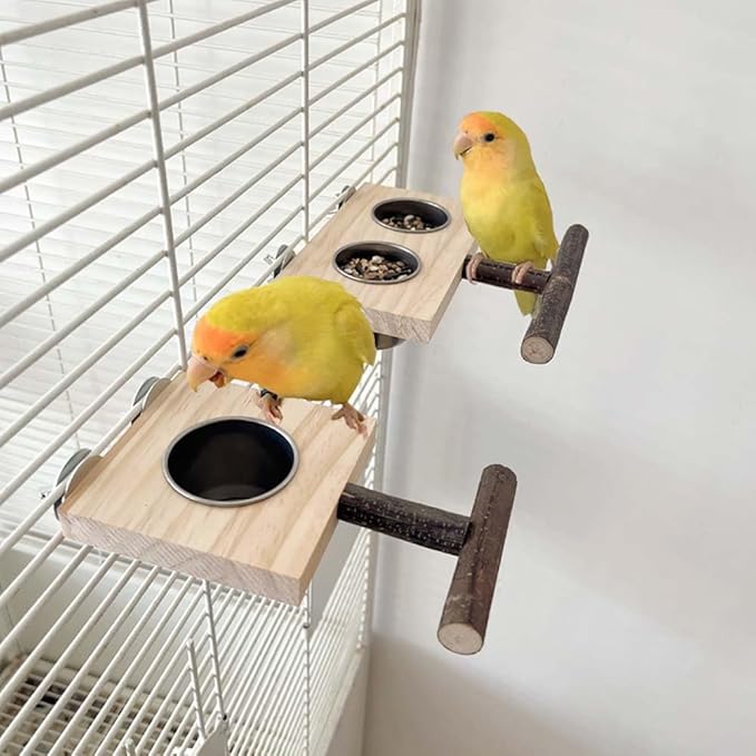 Bird Food Stainless Steel Cups Wooden Perch Stand Hanging Feeder Bowls Feeding and Watering Supplies for Parakeets Conures Cockatiels Budgie Parrot (with One Cup)