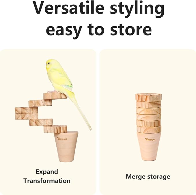 Natural Wood Bird Ladder Perch Toy - Chewable Safe Parrot Climbing Toy for Cockatiel, Finch & Other Small to Medium Birds, Bird Cage Accessories with Easy Screw Installation (Cartoon Parrot Pattern)