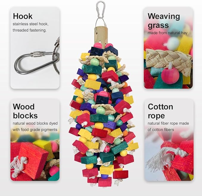 Bird Toys for Large Parrots Colorful Natural Wood Block Parrots Chew Foraging Toys for Bird Cages Cockatoos, Macaws, African Greys, and Amazons