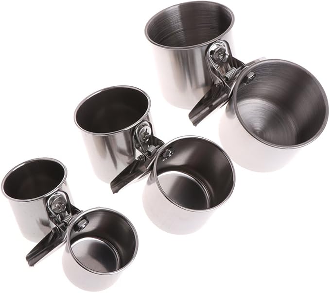 Youngy Food Water Feeding Bird Double Cups with Clip Stainless Steel Parrot Cage Stand - M