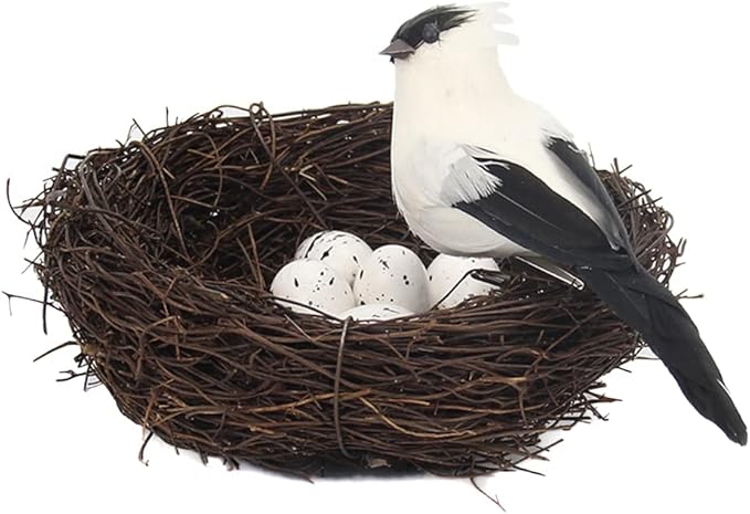 Eforcase Simulated Feathered Bird Nest Set - Artificial Birds Rattan Bird Nest Eggs DIY Crafts Ornament - Artificial Foam Bird Ornaments Tree Ornaments for Home Garden Wedding