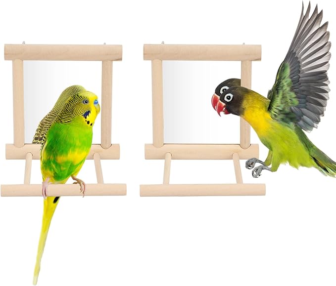 Wontee Bird Mirror Bird Toys for Budgies Parakeets Cockatiels Lovebirds Conures (2pcs-Wood Color)