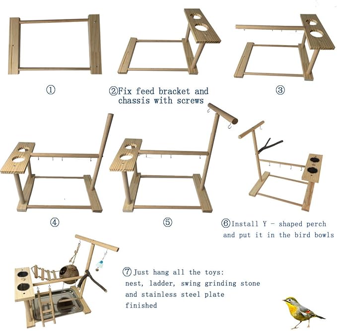 Hamiledyi Parrot Playground Bird Play Stand Natural Wood Parrot Perch Gym with Feeder Cups Cockatiel Nest with Ladder Lovebirds Cage Accessories Toy Exercise Activity Center for Cockatiel Lovebirds