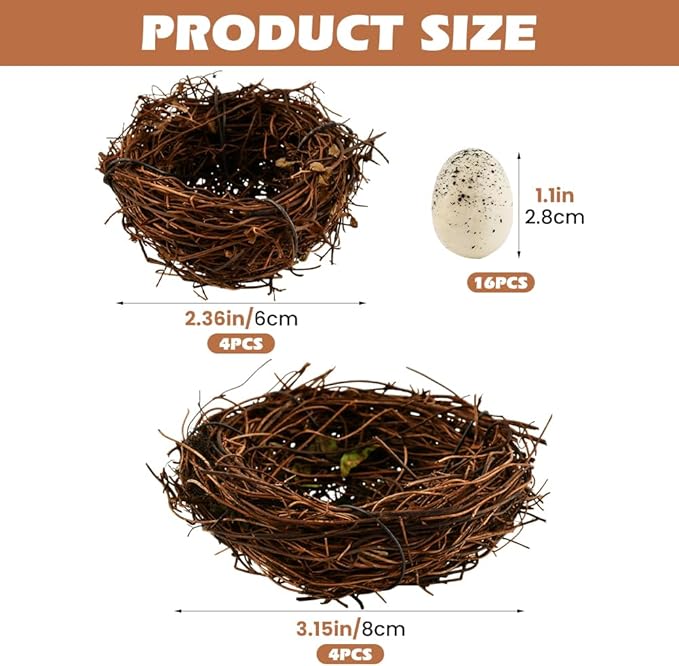 Bird Nest Decor for Crafts, 24-Piece Set with 8 Rattan Nests (2.36/3.15 in Dia) and 16 Faux Eggs (About 1.18 in L), Brown Tan for Wreaths Centerpieces Shelves