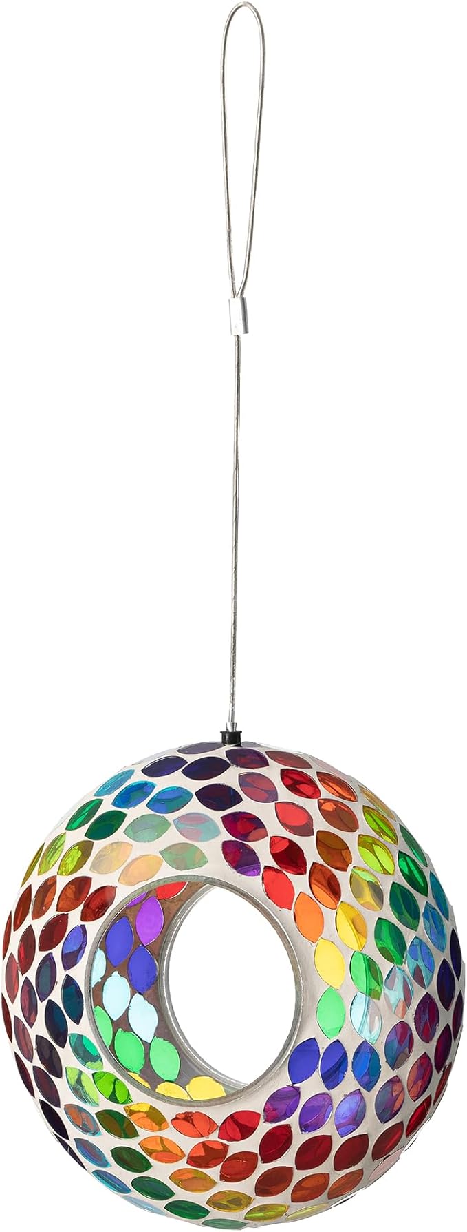 Glitzhome Hanging Bird Feeder for Outdoor 8''D Glass Round Multi-Color Mosaic Decorative Garden Birdfeeder