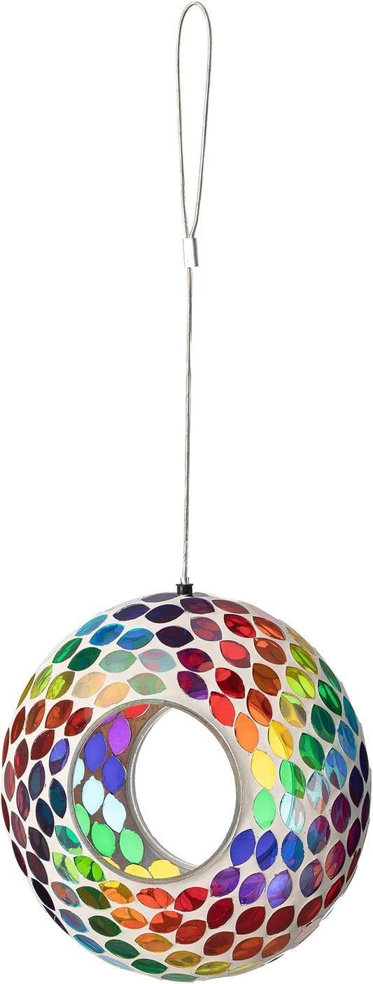 Glitzhome Hanging Bird Feeder for Outdoor 8''D Glass Round Multi-Color Mosaic Decorative Garden Birdfeeder