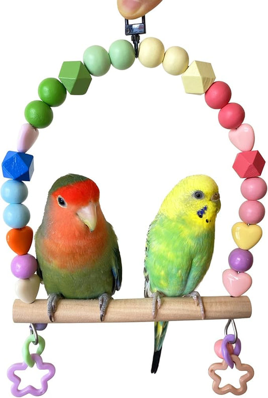 Wooden Bird Swing for Cockatiels Parrot Perch Hanging Toys Parakeets Birdcage Stands Cage Playground Play Gyms Accessories Colorful Bead Bell Climbing Toy for Lovebirds Conures Budgies