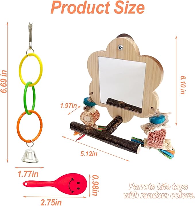 Bird Mirror with Perch, Cockatiel Mirror for Cage, Parakeet Toys with Chew Toy,Bird Cage Accessories for Parrot Conure Lovebirds Finch Canaries (Corn Cob)