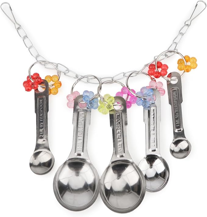 Hypeety Stainless Steel Bird Bell Toys Heavy Duty Hanging Spoons Rings Safe Metal Cage Hanging Bells Toy for Cockatoos Macaws African Grey Large Parrots and Birds (5 Spoons)