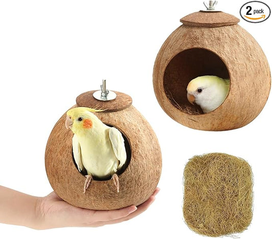 Bird Nest for Cage Natural Coconut Shell Birds House 2 Pack Parakeet Hide Breeding Hut Bird Cage Accessories & Decor Hamster Toys for Parrot Lovebirds Budgies Cockatiel Conure Finch Canary