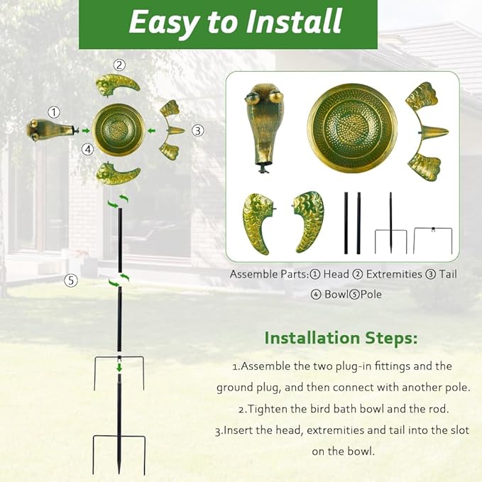 Turtle Bird Bath, 3 Deep Bird Bath Outdoor with Garden Stake, Metal Birdbaths Rustproof Decor for Garden, Yards Lawn Patio