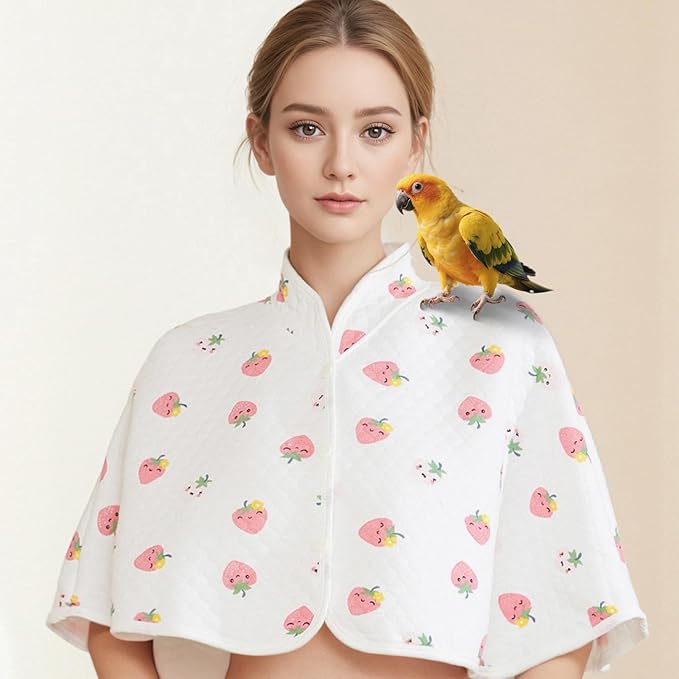 Reusable Parrot Diaper & Shoulder Protector - Poop Catcher Cloak for Cockatiels, Conures, Parakeets, Lovebirds, Small Macaws - Parrot Toys (White - Strawberry Pattern, Large)