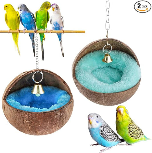 2 Pcs Natural Coconut Shell Bird Nest House Bed Breeding Nesting Anti-Pecking Bite with Warm Pad and Bell for Bird Parrot Budgie Parakeet Cockatiel Conure Lovebird Canary Finch