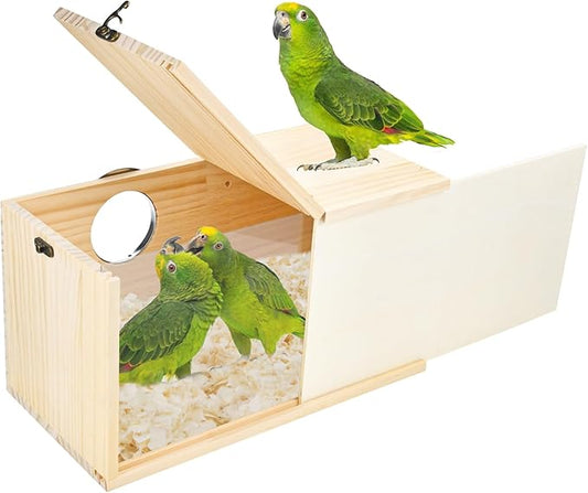 Parrot Nesting Box Cockatiel Nesting Box Bird Breeding Box House Handcrafted Wooden Acrylic Transparent Bird Box with Detachable Wooden Board for Parakeets Cockatiel Budgie Conure Parrot XL