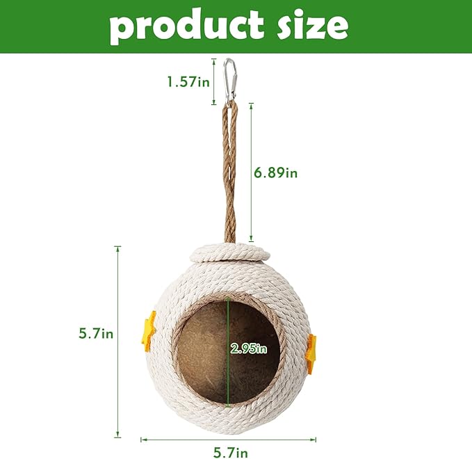 Tfwadmx Natural Coconut Fiber Hanging Birdhouse for Cage Coconut Hide with Loop Coconut Bird Shell Breeding Nest for Parrot Parakeet Lovebird Finch Canary, Pet Cage Habitats Decor,Small Animals House