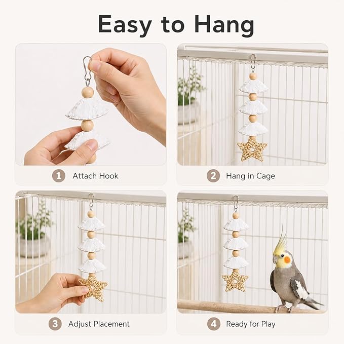4 Pack Hanging Bird Chew Toys for Small Birds Cuttlebone and Pumice Cage Toys with Rattan Star and Wood Beads for Cockatiel Budgie Parakeet Conure Lovebird