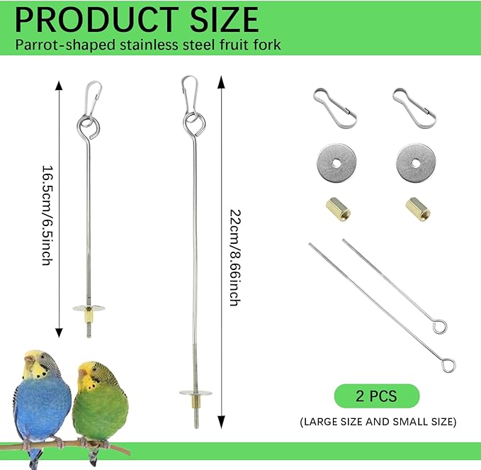 2pcs Bird Cage Food Holder with Hook Parrot Fruit Skewers Stainless Steel Birds Treats Skewer Foraging Toys for Macaw Parakeet Parrot Budgie