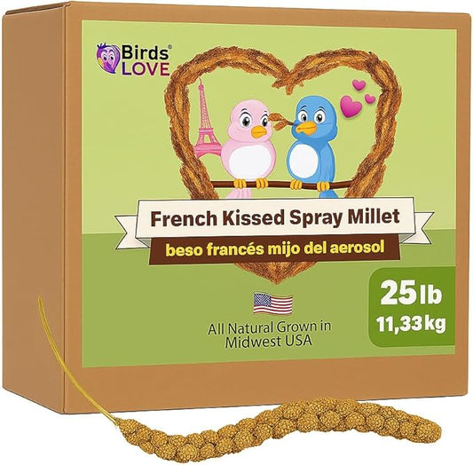 Birds LOVE French Kissed Spray Millet for Birds - Parakeets, Cockatiels, Lovebirds, Finches, Budgies, Canaries, Cockatoos - Natural & Healthy Bird Millet - Parakeet Food & Treats for all Parrots 25lbs