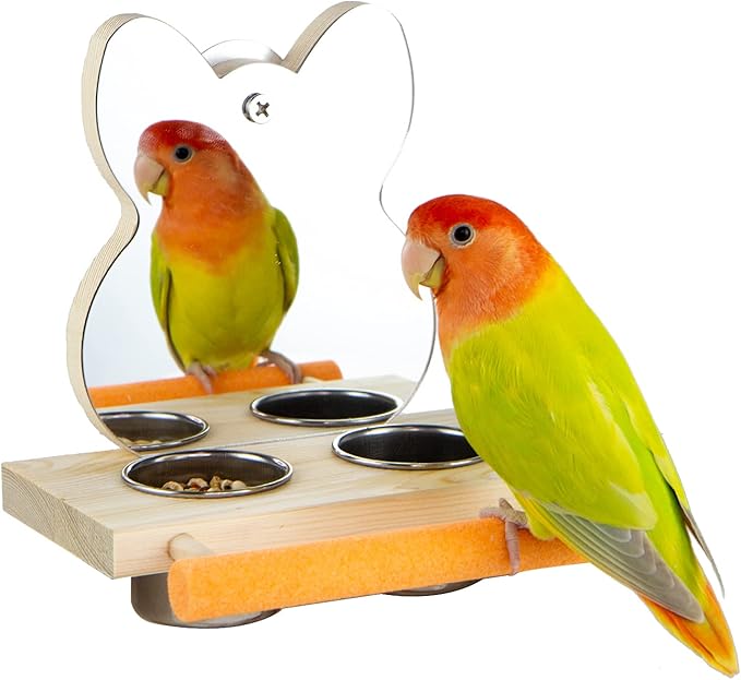 Parrot Mirror Toy with Stainless Steel Feeding Cups Bird Wooden Frames with Cage Perch for Small Parakeets, Cockatiels, Conures, Finches,Budgie,Macaws, Parrots, Love Birds
