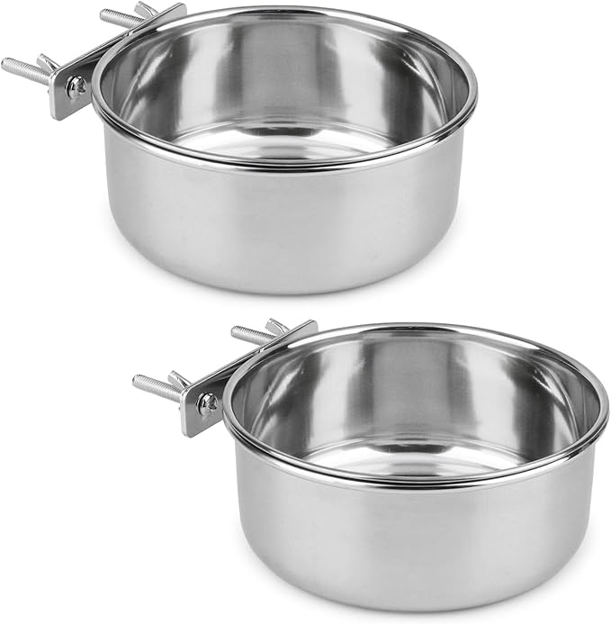 Hypeety Stainless Steel Bird Food Water Bowl Parrot Cage Accessories for Parakeet Bird Dog Cat Parrot Rabbit 2PCS (Large,5.5 * 2.3in)