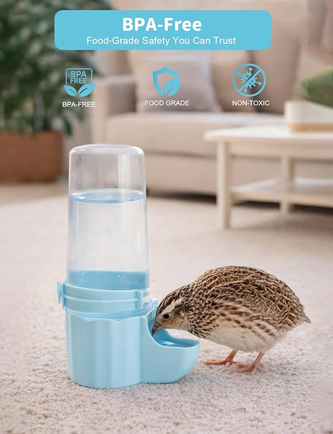 Quail Chick Waterer with Anti-Drowning Shallow Tray, 16.6 fl oz Automatic Gravity Button Quail Waterer, Hanging or Free-Standing Bird Water Dispenser for Wire Mesh Cages and Brooders (Blue)