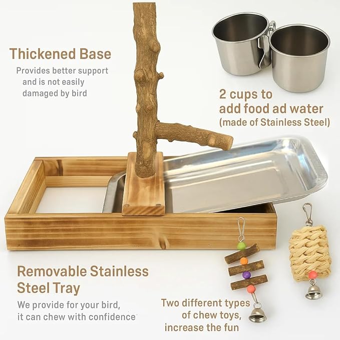 Bird Perch Stand, Natural Wood Bird Perch Stand, Wooden Parrot Perch Stand Fork Toys Hanging Multi-Branch Rope Perch Platform Hammock Swing Toy Chewing Stick Cage Accessories